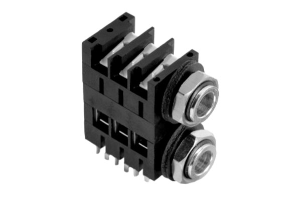 Horizontal stereo jack 6.35mm PCB, with double switch. Black plastic nut.  AMPHENOL